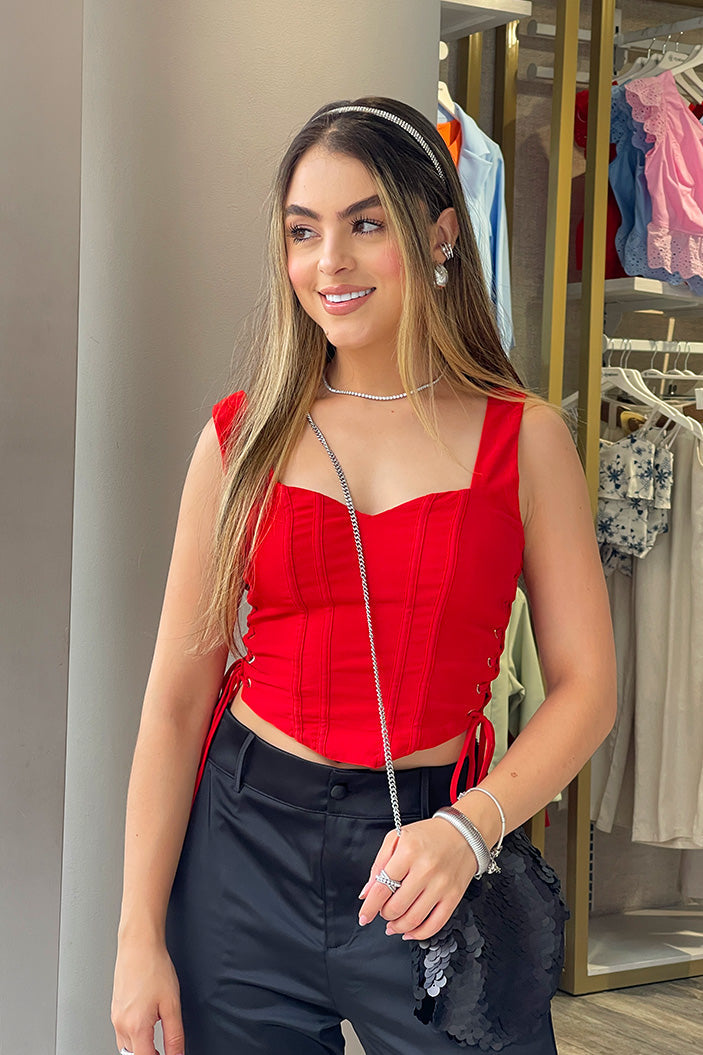 Blusa estilo corset DF01172 elaborada en algodón con poliéster para mujer dyaboo rojo