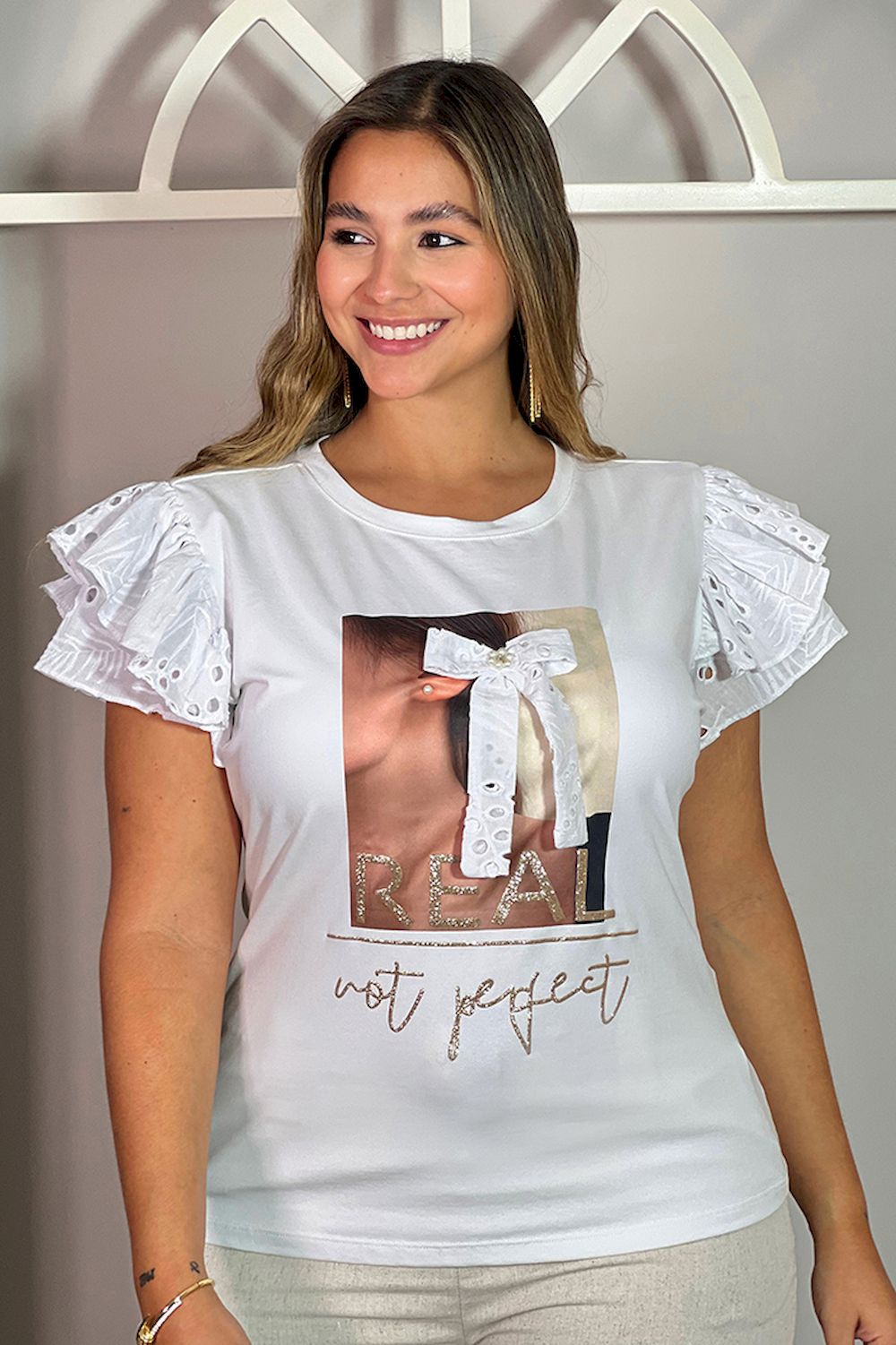 Blusa larga ojalillo talla grande plus para mujer dyaboo DP02089 cruda blanca