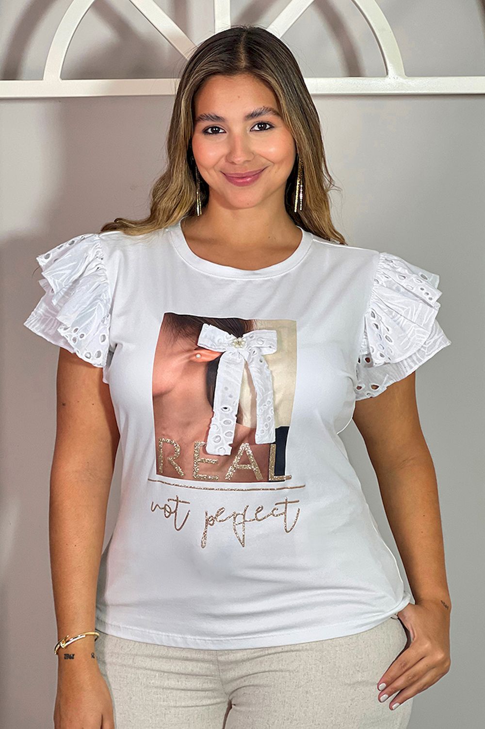 Blusa larga ojalillo talla grande plus para mujer dyaboo DP02089 cruda blanca