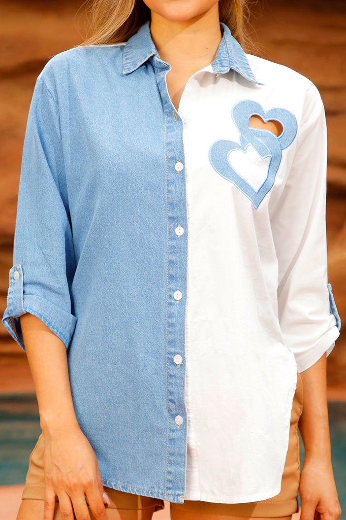Camisa DF21286 para mujer oversize de corte relajado con diseño bicolor dyaboo color crudo