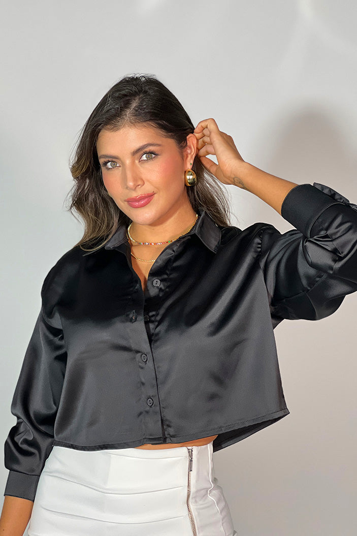 Camisa corta manga larga satin para mujer DF21027 dyaboo negro