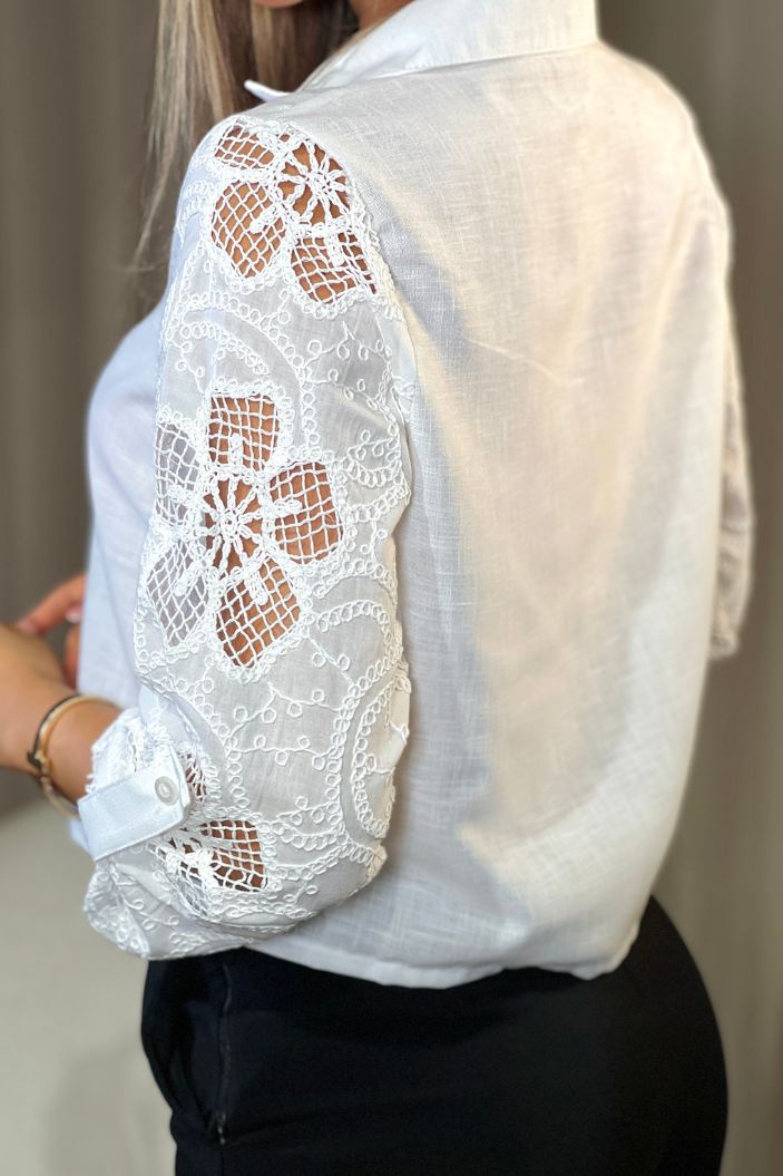 Camisa manga larga DF21276 para mujer elaborada en lino con grabados en tejido dyaboo crudo 2