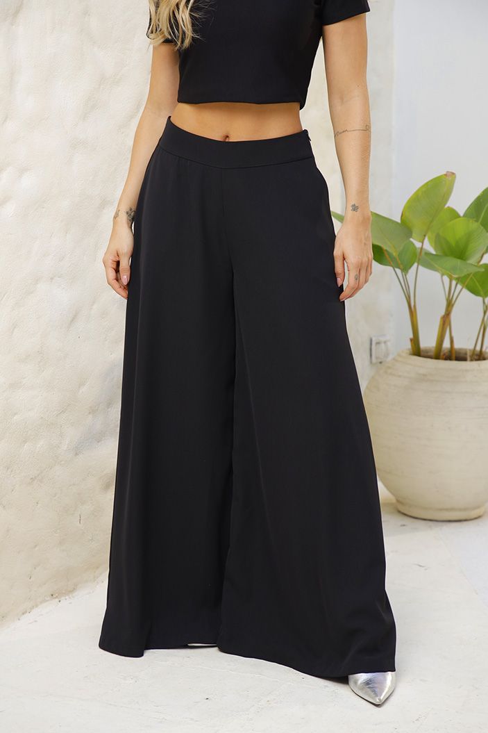 Pantalón Palazzo DF06104 silueta suelta para mujer, elaborado en poliéster dyaboo negro 2
