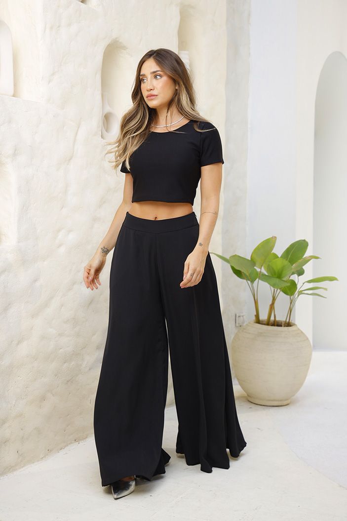 Pantalón Palazzo DF06104 silueta suelta para mujer, elaborado en poliéster dyaboo negro