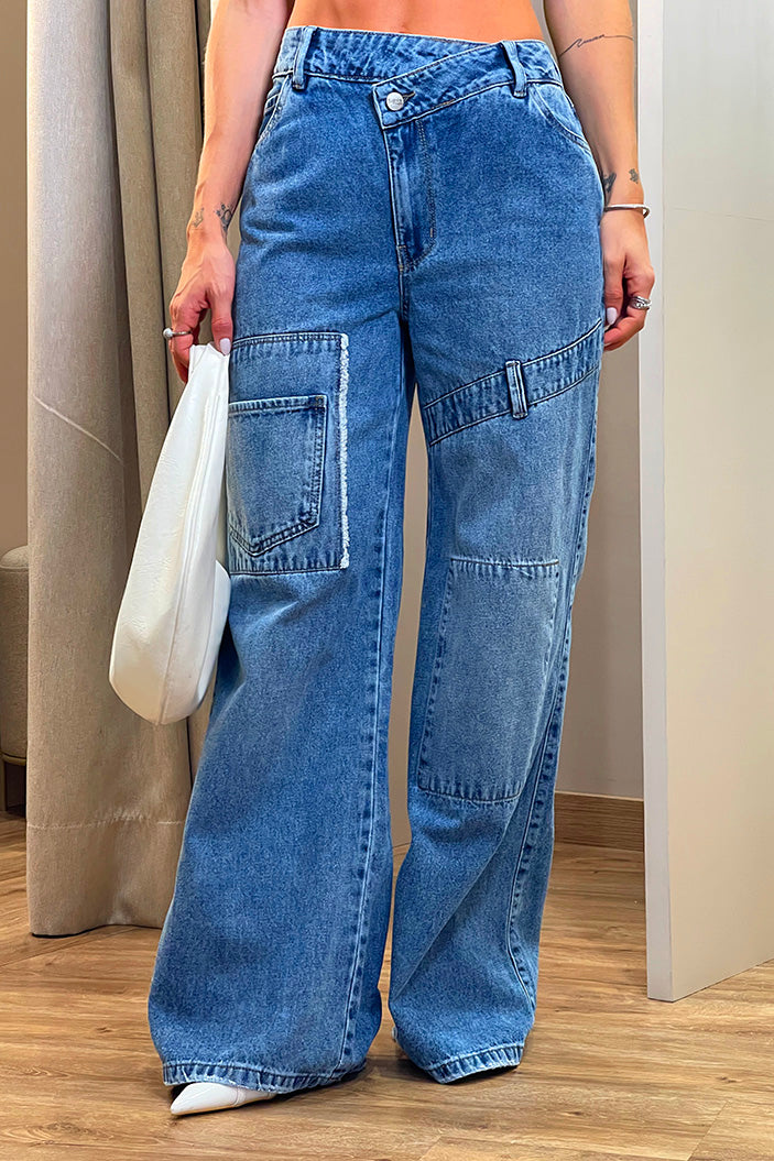 Pantalón SIK33078 para mujer cargo de mezclilla confeccionado en denim dyaboo color azul 1