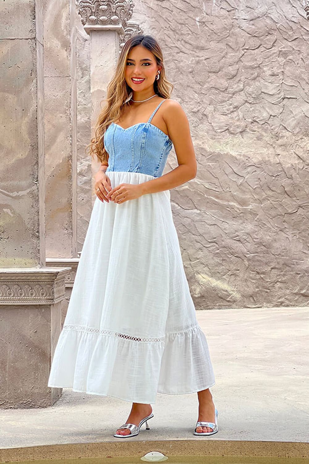 Vestido Largo DF10046 hibrido con denim para mujer dyaboo azul 3