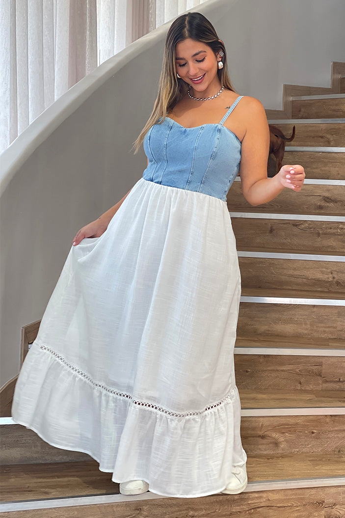 Vestido Largo DF10046 hibrido con denim para mujer dyaboo azul 3