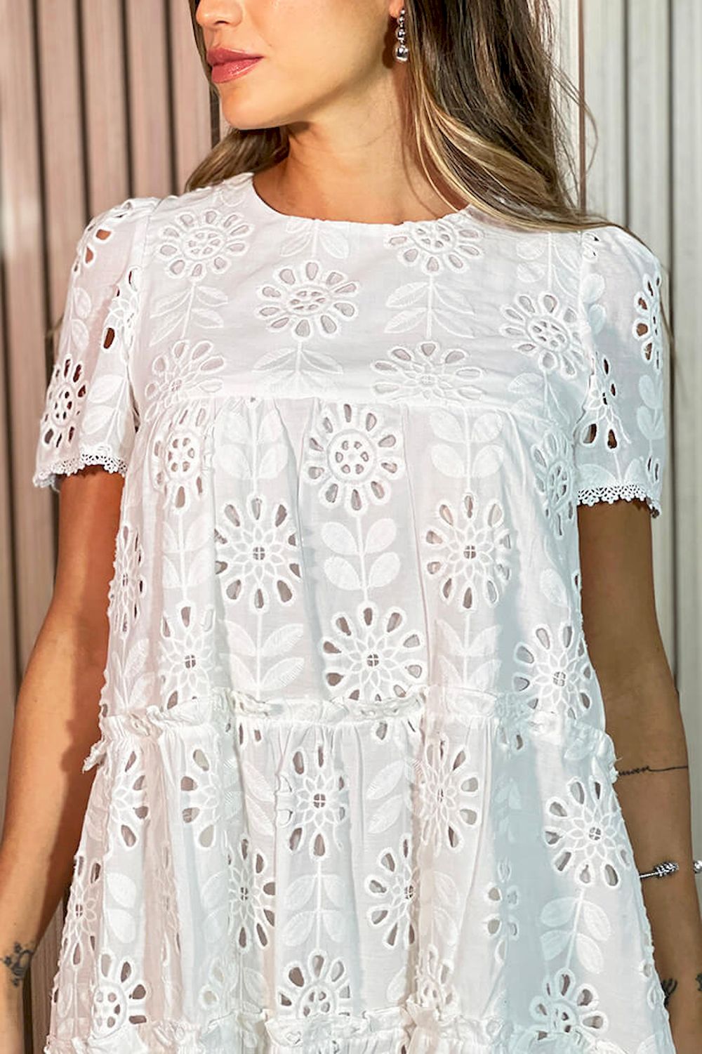 Vestido corto ojalillo para mujer DF09089 crudo