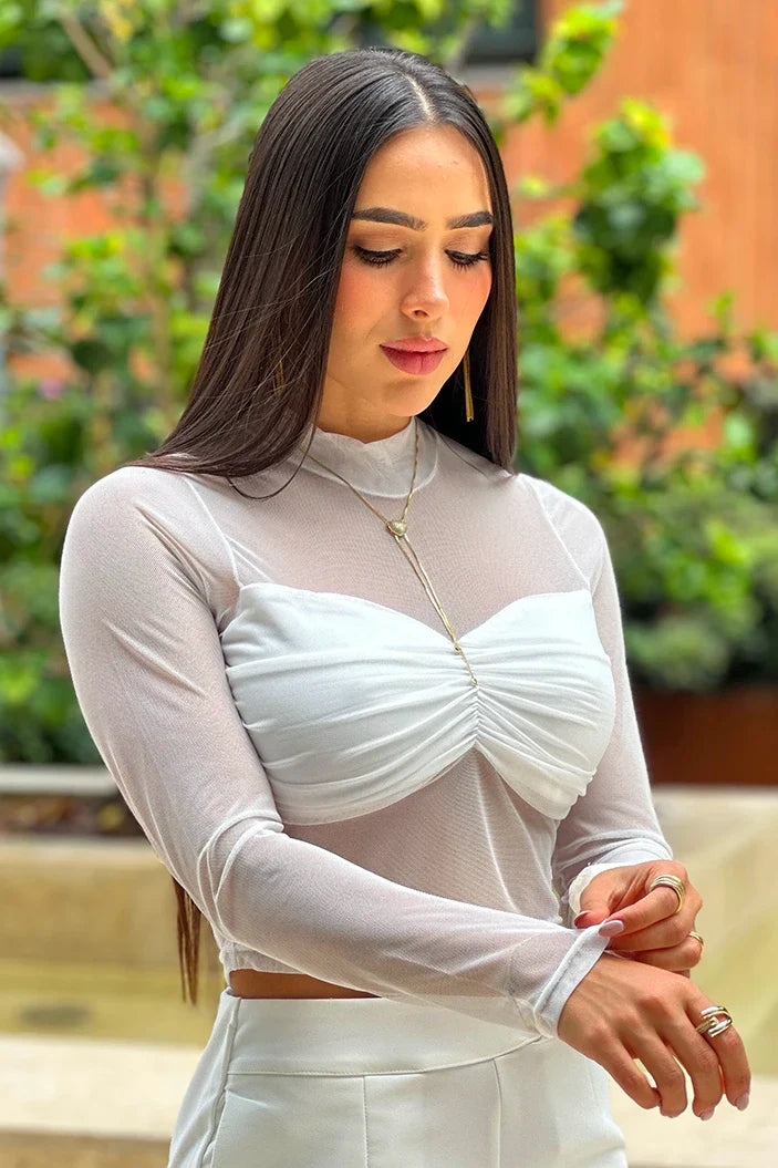 Blusa Corta Manga Larga DF01961 para mujer dyaboo crudo/blanco