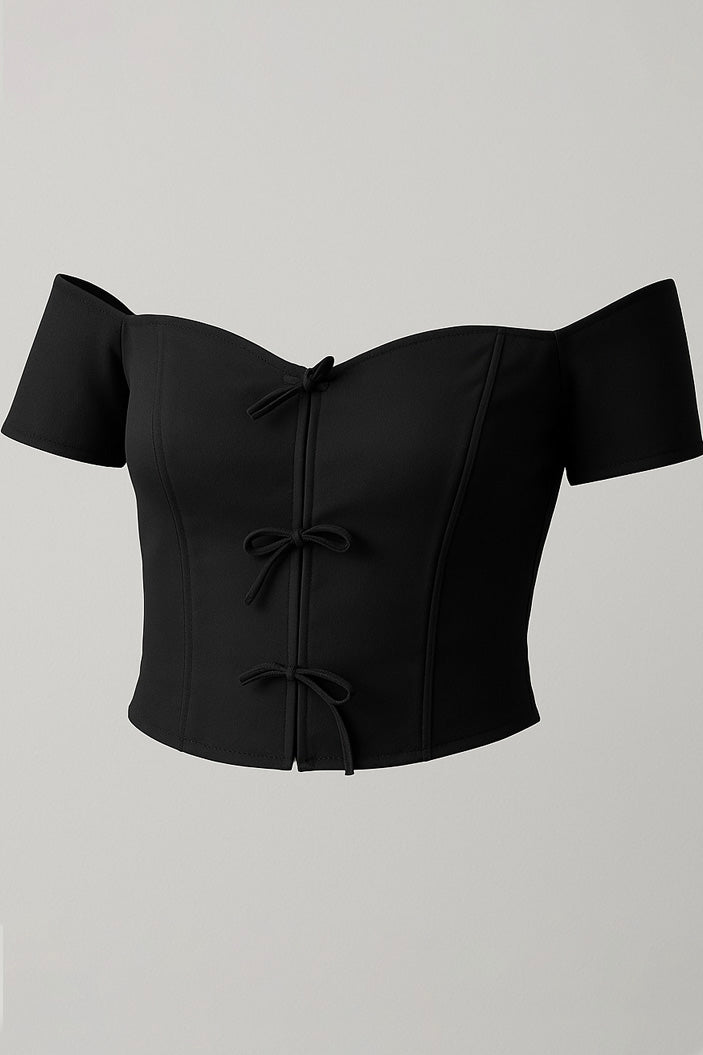 Blusa DF01790 con moños para mujer, silueta ajustada, elaborada en poliéster dyaboo color negro