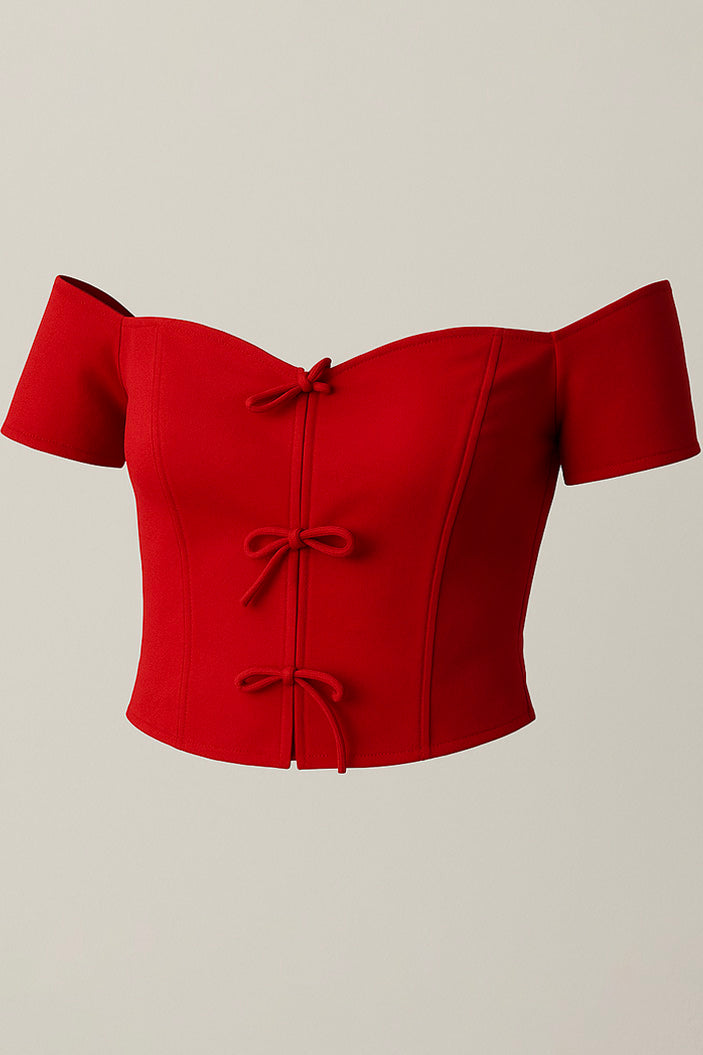 Blusa DF01790 con moños para mujer, silueta ajustada, elaborada en poliéster dyaboo color rojo