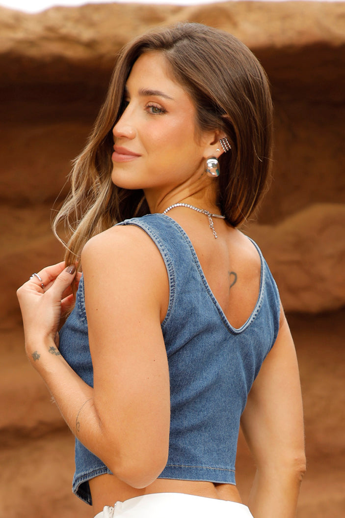 Blusa DF01844 para mujer en mezclilla tipo corset dyaboo color azul