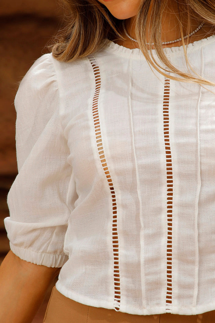 Blusa DF02357 para mujer de silueta corta y manga 3/4 con elástico en el puño dyaboo color crudo 8