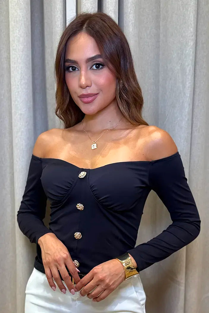 Blusa Larga Manga Larga DF02443 para mujer negro dyaboo