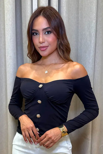 Blusa Larga Manga Larga DF02443 para mujer negro dyaboo