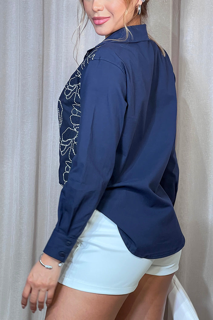 Camisa DF21280 bordada para mujer blanca de manga larga dyaboo color navy azul 3