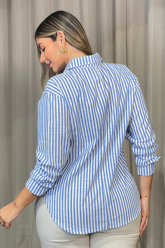 Camisa DP21065 para mujer de rayas verticales , de corte clásico y manga larga dyaboo color azul 4