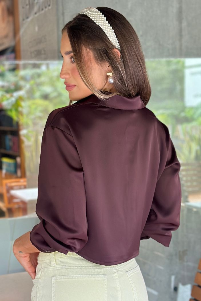 Camisa corta manga larga satin para mujer DF21027 dyaboo blanca cafe oscuro