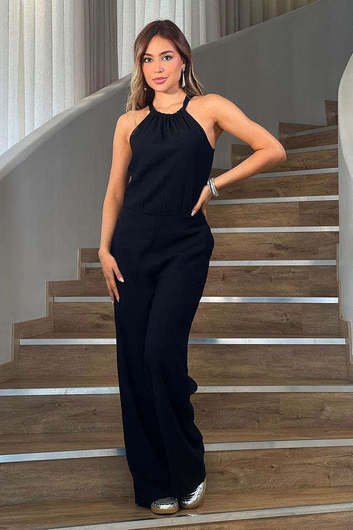 Enterizo DF11049 largo silueta semiajustada para mujer, elaborado en chalis dyaboo color negro 3