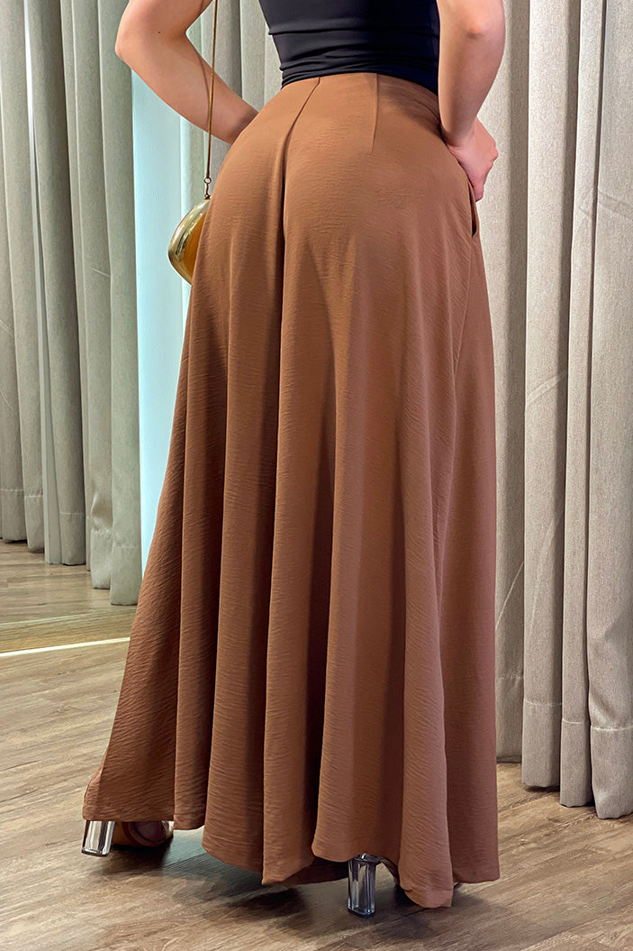 Pantalón  1106010 Palazo silueta suelta para mujer, elaborado en chalis con poliéster dyaboo color cafe 1