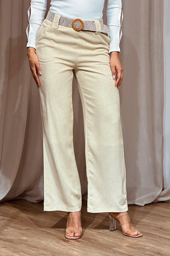 Pantalón DF06071 con silueta suelta para mujer elaborado en lino dyaboo color beige 1