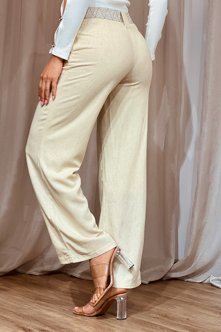 Pantalón DF06071 con silueta suelta para mujer elaborado en lino dyaboo color beige 2