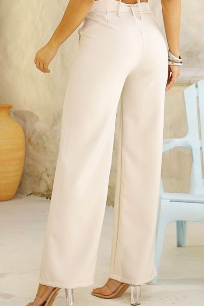 Pantalón DF06105 para mujer palazzo con cinturón del mismo tejido dhyaboo color beige
