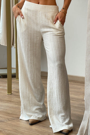 Pantalón DF06130 para mujer de tiro alto confeccionado en una tela ligera con textura acanalada dyaboo color crudo 4