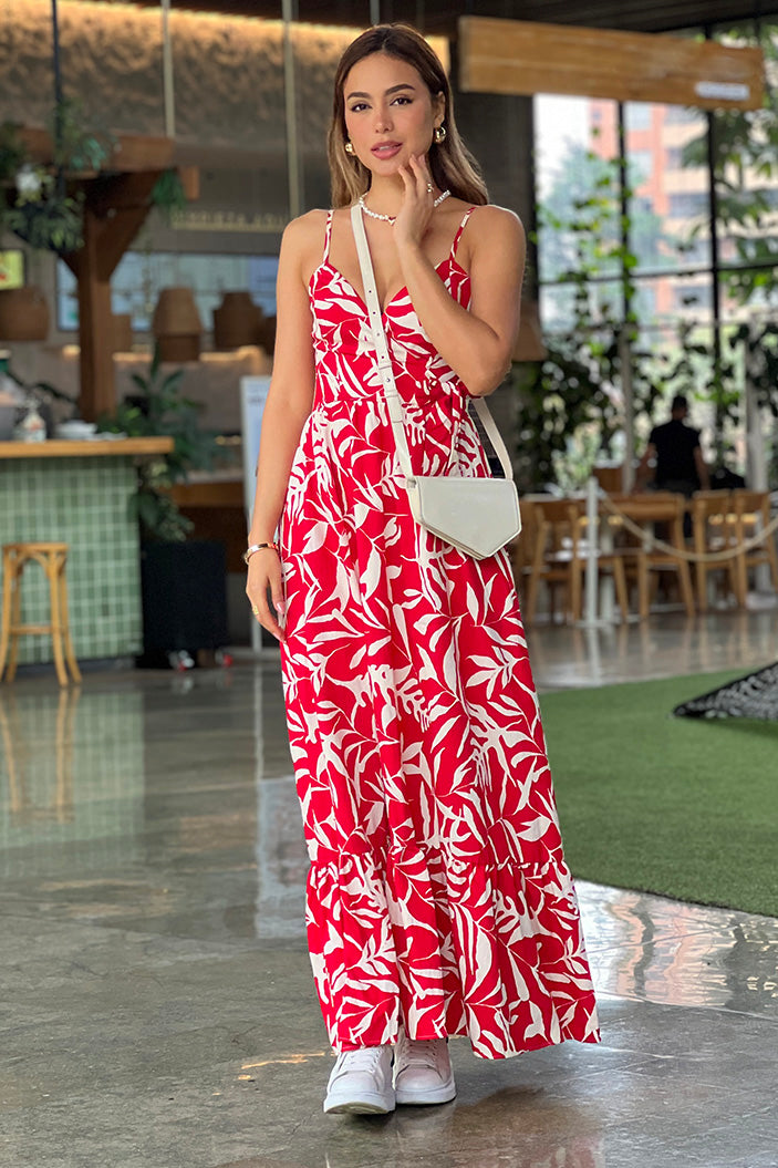 Vestido DF10059 estampado largo con tiras para mujer, elaborado en chalis dyaboo color rojo 1