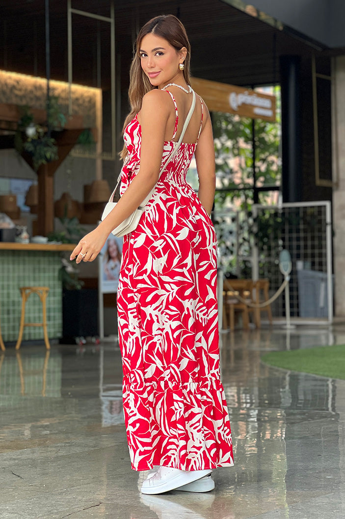 Vestido DF10059 estampado largo con tiras para mujer, elaborado en chalis dyaboo color rojo