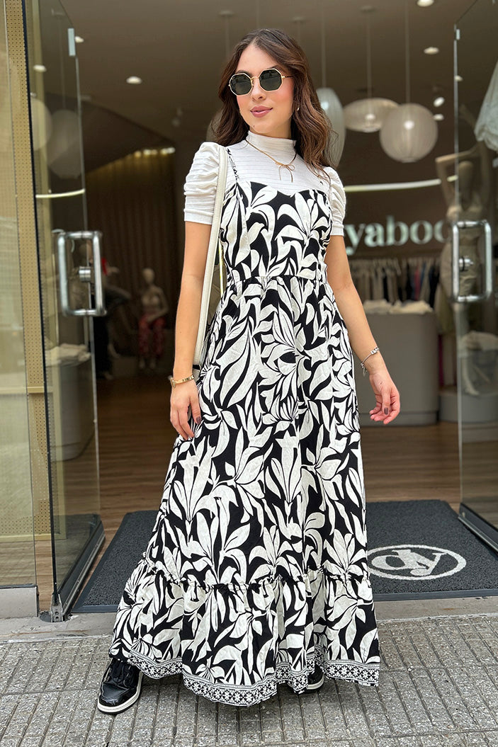 Vestido DF10061 estampado largo con tiras silueta amplia para mujer, elaborado en chalis dyaboo color negro 3