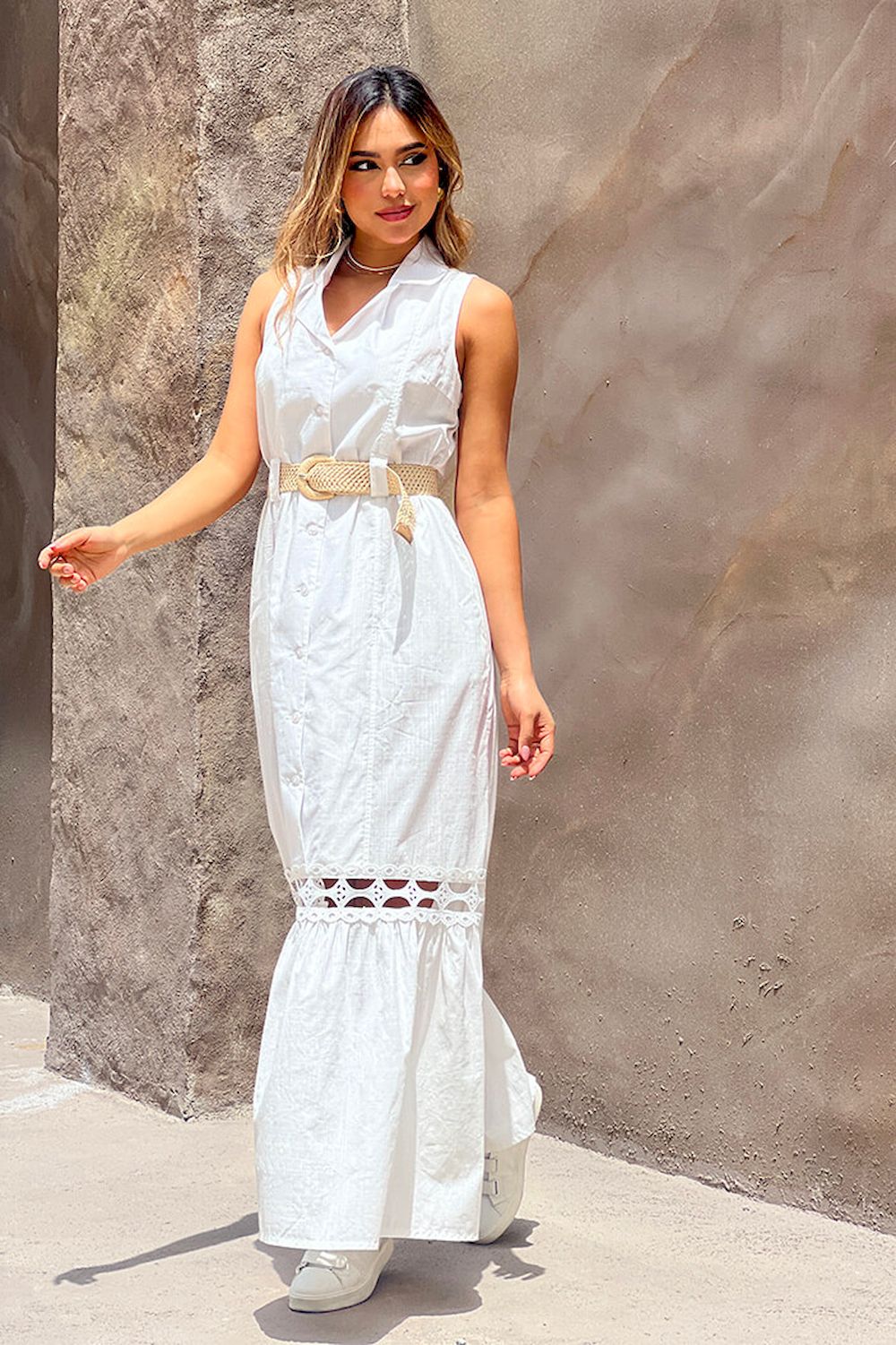 Vestido largo DF10045 silueta amplia elaborado en popelina para mujer dyaboo crudo