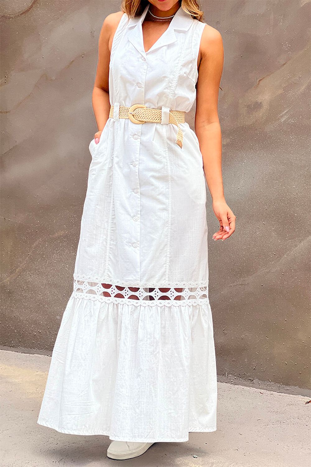 Vestido largo DF10045 silueta amplia elaborado en popelina para mujer dyaboo crudo 1