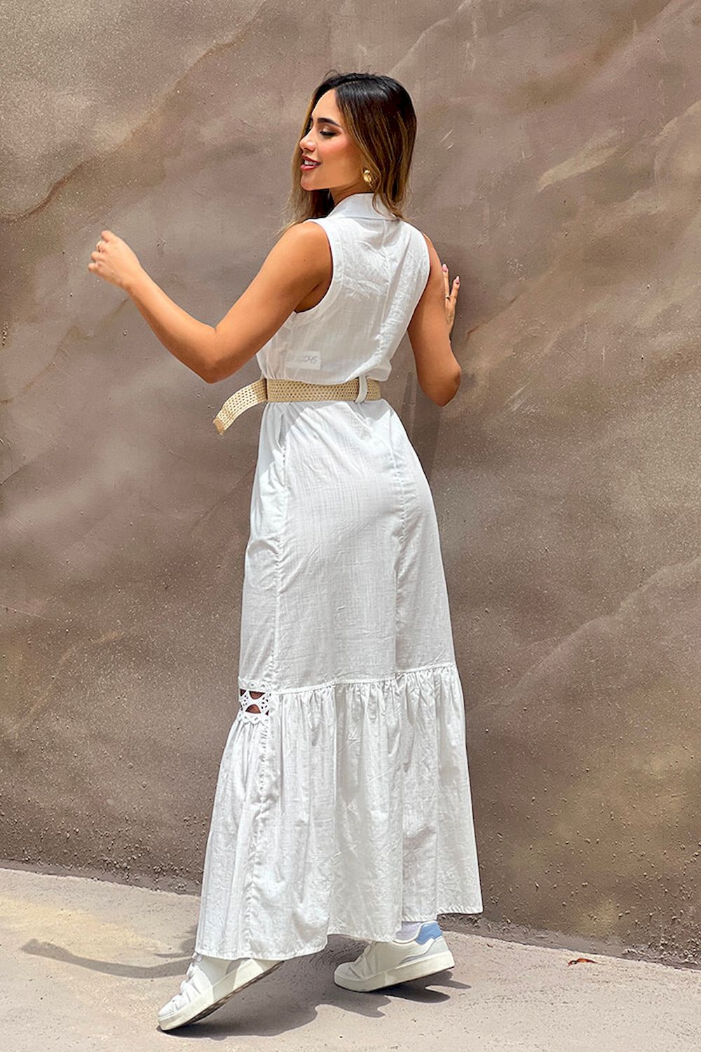 Vestido largo DF10045 silueta amplia elaborado en popelina para mujer dyaboo crudo 3