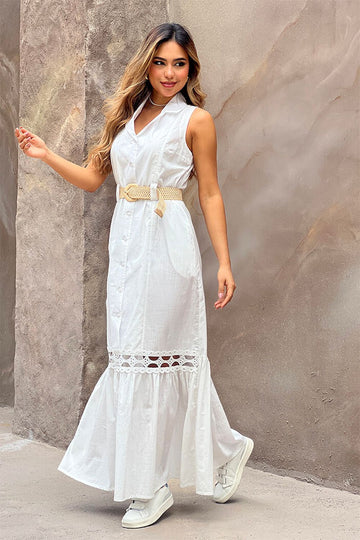 Vestido largo DF10045 silueta amplia elaborado en popelina para mujer dyaboo crudo 3