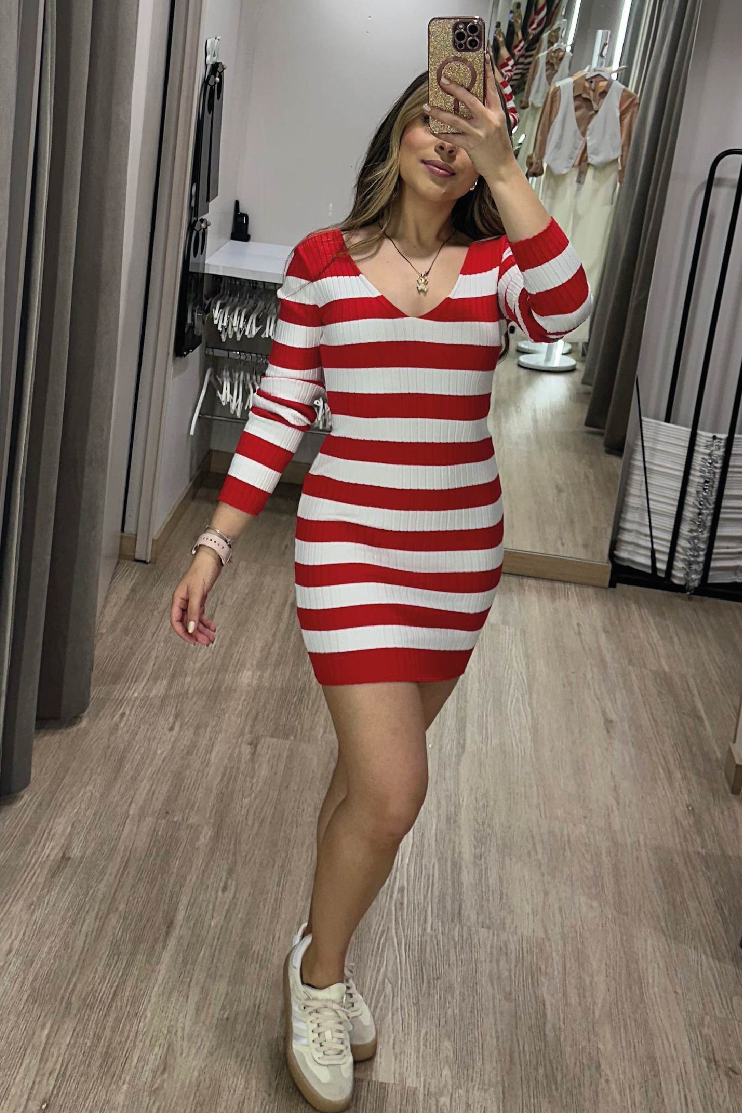 Vestido manga larga tejido para mujer dyaboo 7406 rojo blanco